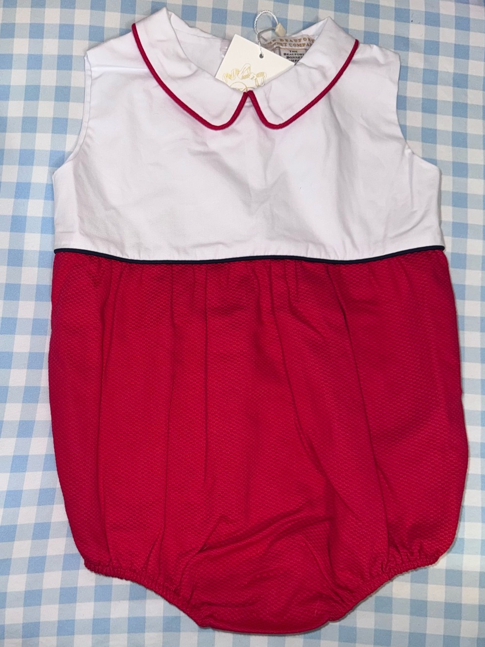 Boys The Beaufort Bonnet Company White bubble Romper with Red Trim 2t NWT